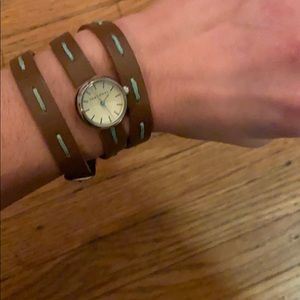 Leather wrap watch with turquoise threading